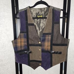 Vintage Learsi Patchwork Purple Black Suede Leather Large Button Unisex Vest 80s